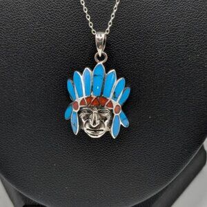 Sterling Silver Inlaid Gemstone Native American Chief Pendant